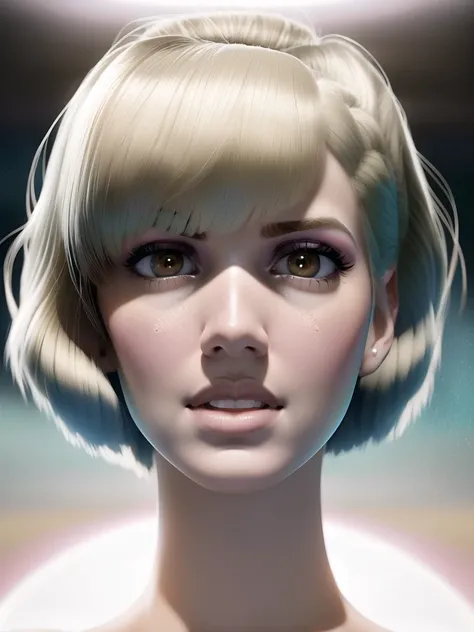 Closeup face portrait of Hayley Williams with 1950's hair style, smooth soft skin, big dreamy eyes, beautiful intricate colored hair, standing in an auditorium, symmetrical, anime wide eyes, soft lighting, detailed face, by makoto shinkai, stanley artgerm lau, wlop, rossdraws, concept art, digital painting, looking into camera