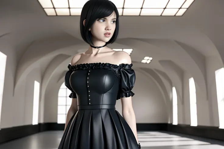 A young goth girl with pale skin, short black hair, and blue eyes. She is standing in a bright old room, with a large skydome that let in plenty of natural light. She is wearing a black victorian dress. Her posture is relaxed and carefree, with a hint of a smile on her lips, highly detailed, 8K, stunning, hdr, subsurface scattering, global illumination, film still, Film-like