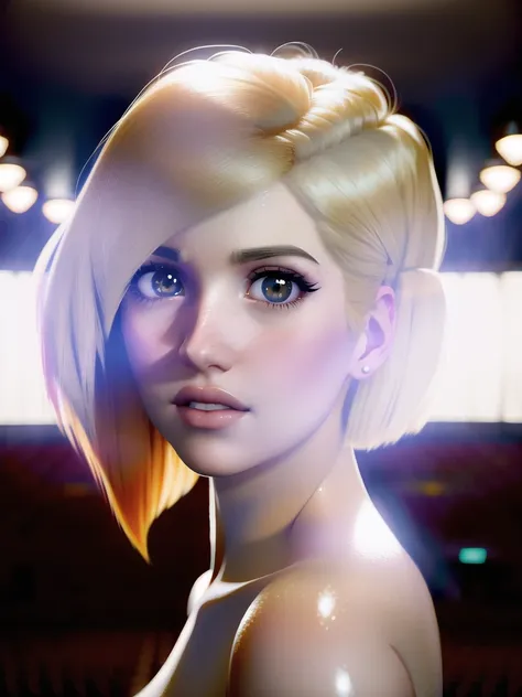 Closeup half body portrait of Hayley Williams with 1950's hair style, smooth soft skin, big dreamy eyes, beautiful intricate colored hair, (standing in an auditorium), symmetrical, anime wide eyes, soft lighting, detailed face, by makoto shinkai, stanley artgerm lau, wlop, rossdraws, concept art, digital painting, looking into camera