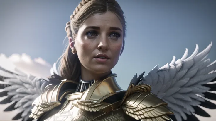 A 3d render of epic portrait close shot of beautiful young Dutch girl with angelic feathered wings, gold armour, skylight, neckline, fine - art photography, epic cinematic portrait highly detailed, 8K, stunning, hdr, subsurface scattering, global illumination, film still, backlit Film-like, bokeh, 3d