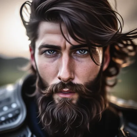 Realistic photography, closeup of scared handsome man with beard, 25yo, focus on eyes, 50 mm f1.4, hair in wind, hdr masterpiece,dramatic lighting, epic, wearing blody armor