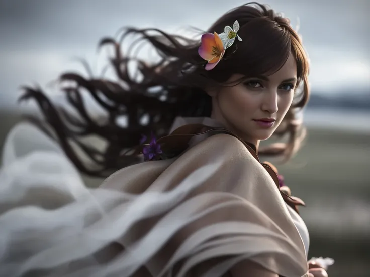 Realistic photography, closeup of beautiful woman with friskles , 25yo, focus on eyes, 50 mm f1.4, hair in wind, hdr masterpiece,dramatic lighting, epic,  leather dress, flower in hair, light snowing