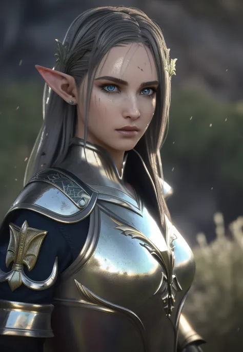 3D render, portrait  of a beautiful young elf  girl  with long wet hair, wearing a full suit of polished bronze medieval  armor with armor plates, ((fleur de lis on armor: 1.8))   blue eyes, beautiful features, fierce, (dirty face:1.3), elf ears,  background of mossy rock, ((dirt and grit)), small breasts,  moss covered rocks and mist in background, dark background, DOF, 8k, (shadow) (dark setting) subsurface scattering, specular light, highres, octane render, ray traced,  masterpiece, best quality, highest quality