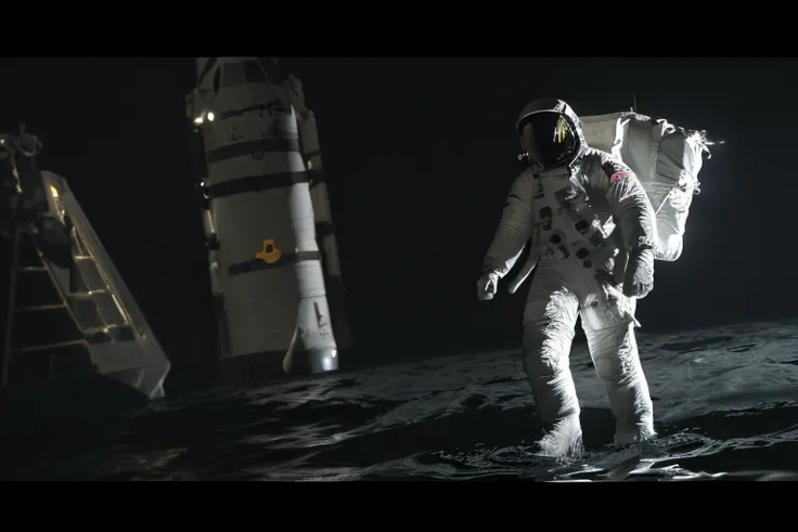 (((3d render of an Apollo astronaut floating in space))), ((full body)) highly detailed Gemini 19 capsule in background, space walk, dark, wearing detailed suit with refection in helmet, hdr, 8k, subsurface scattering, specular light, highres, octane render, ray traced