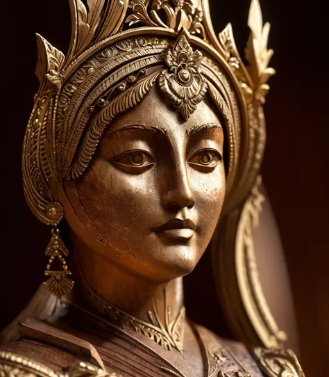 3d render of wooden sculpture depicting the female beauty, (cracks and imperfections), ornate detail, wooden statue, accurate color grading, rvb, Sony A7 III, Sigma Art 85 mm f/1,4 DG HSM, perfect, subsurface scattering, unreal engine 5, ue5