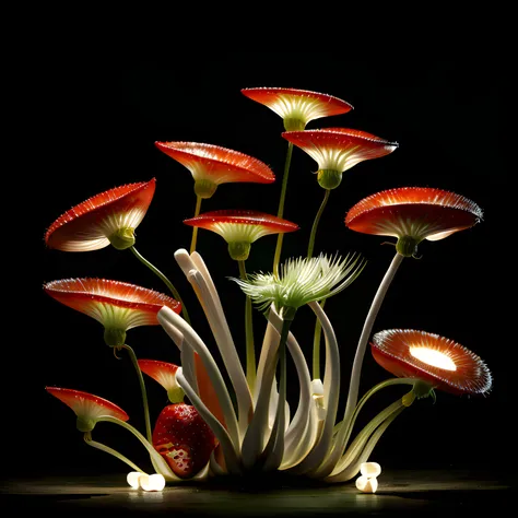 ! 3d render, epic realistic plant texture, sliced elegant venus flytrap made of ivory and marshmellows and strawberries, anatomically correct, creature design, epic detailed, dynamic lighting, bioluminescent details, leading lines, rule of thirds, hdr, 8k, unreal engine 5, octane render