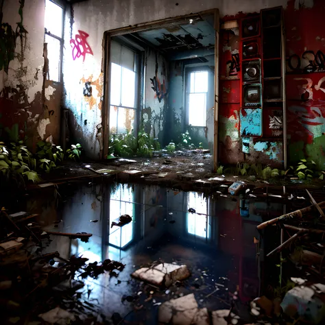 ! 3d render, abandoned broken 1980s era game icon, dirty, graffiti, overgrown, reflection