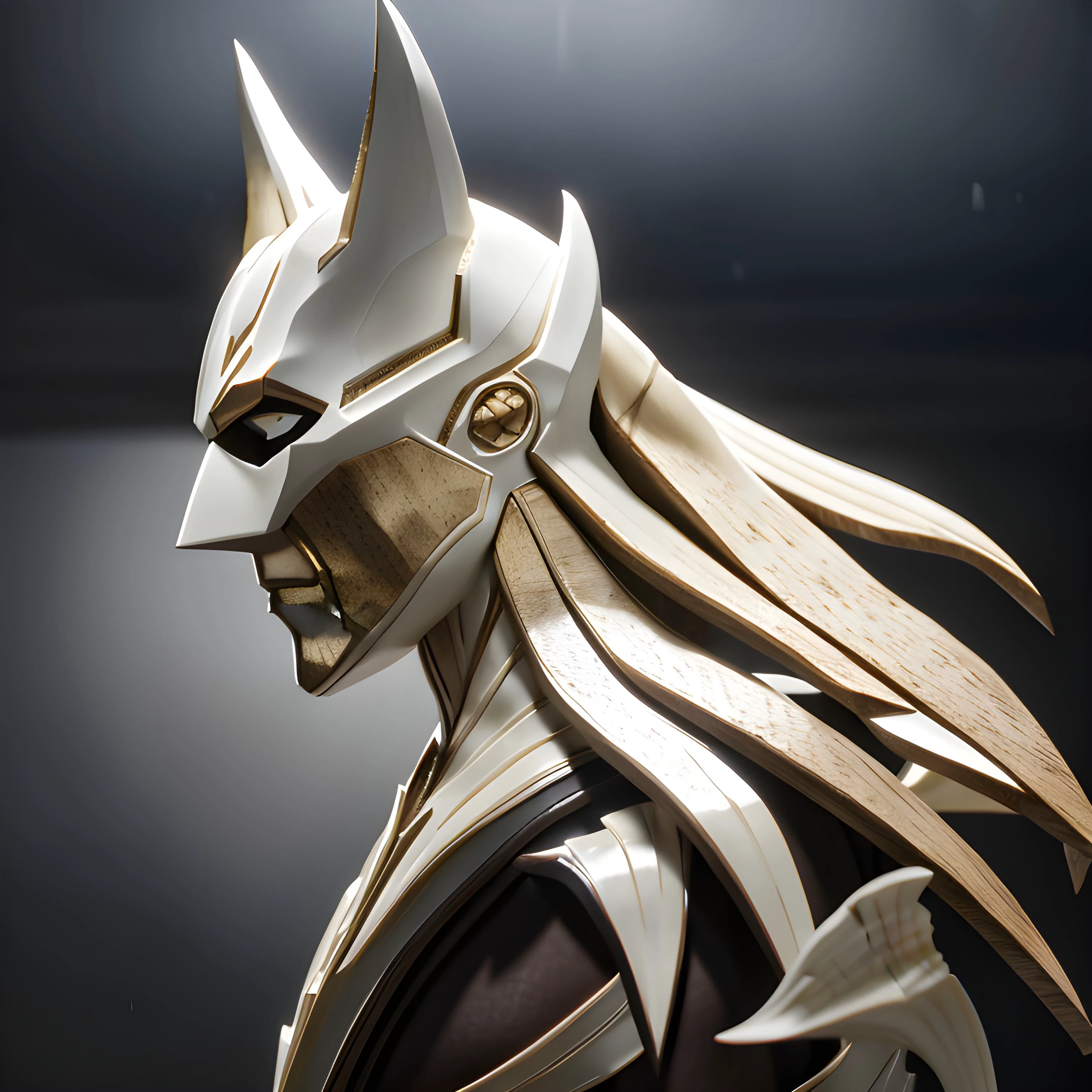 ! 3d render, sideview, intricate organic sliced elegant batman head made of ivory and oak, anatomically correct, cinematography, concept art, epic detailed figurine, global illumination, subsurface scattering, light scattering, hdr, 8k, unreal engine 5, octane render, trending on artstation