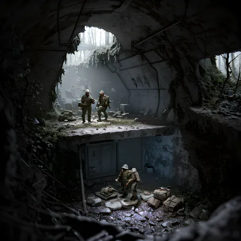 !3d render, 2men, duo, miniature diorama, 2 scavengers about to explore an abandoned cold war bunker in the woods, backpack, closed bunkerdoor, concept art