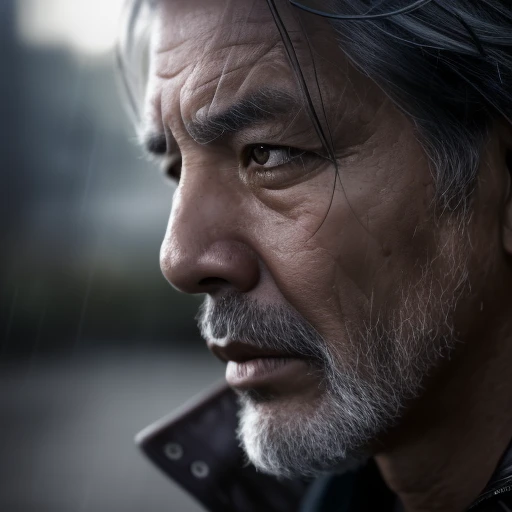 Realistic photography, closeup of asian male 55yo dirty, gray hair, focus on eyes, 50 mm f/1.4, hdr masterpiece,dramatic lighting, epic, hair in wind, wearing leather , light rain, post apocalyptic city, year 2590
<lora:epiNoiseoffset_v2:1.0>