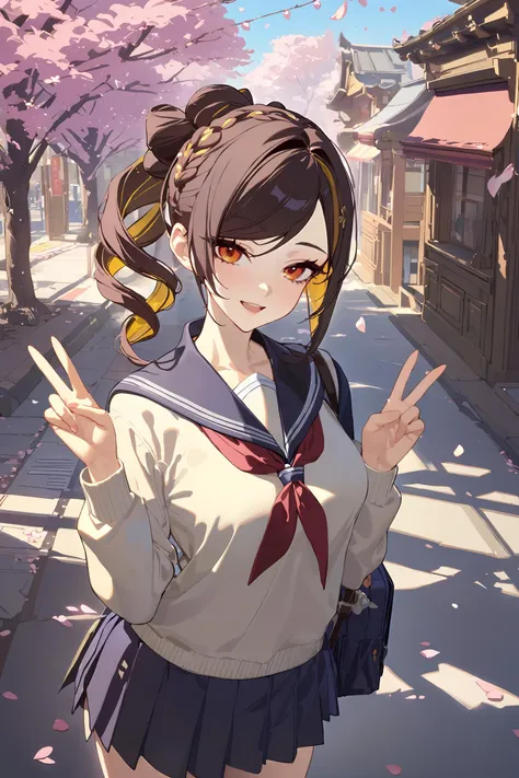 masterpiece, best quality, perfect features, intricate details, ray tracing, newest,(hitenkei, askzy:0.4), 1girl, chiori \(genshin impact\), solo, school uniform, white shirt, sweater, pleated skirt, light smile, double v, looking at viewer, smile, open mouth, outdoors, street, cherry blossoms, petals, depth of field  <lora:Char-Genshin-Chiori-XL-V1:0.9>  <lora:quality1:0:hr=1>