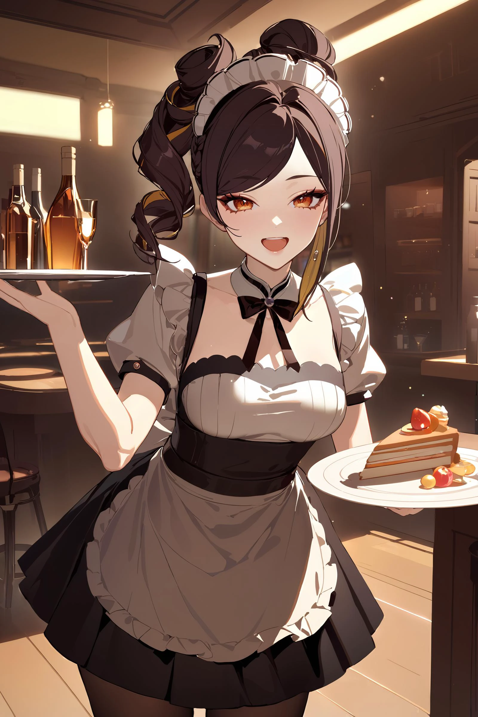 masterpiece, best quality, perfect features, intricate details, ray tracing, newest,(hitenkei, askzy:0.4), 1girl, chiori \(genshin impact\), solo, maid, maid headdress, maid apron, pantyhose, open mouth, laughing, holding plate, looking at viewer, cowboy shot, bar \(place\), indoors, depth of field <lora:Char-Genshin-Chiori-XL-V1:0.9> <lora:EnvyBetterHiresFixXL01:0:hr=1>