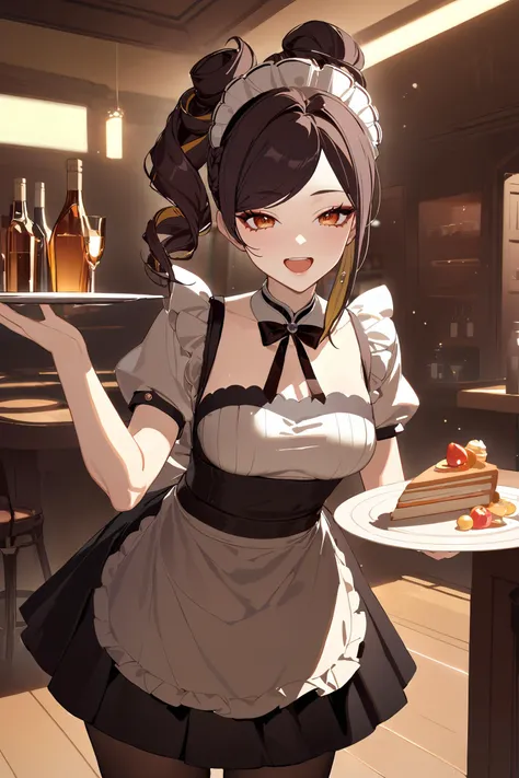 masterpiece, best quality, perfect features, intricate details, ray tracing, newest,(hitenkei, askzy:0.4), 1girl, chiori \(genshin impact\), solo, maid, maid headdress, maid apron, pantyhose, open mouth, laughing, holding plate, looking at viewer, cowboy shot, bar \(place\), indoors, depth of field <lora:Char-Genshin-Chiori-XL-V1:0.9> <lora:EnvyBetterHiresFixXL01:0:hr=1>