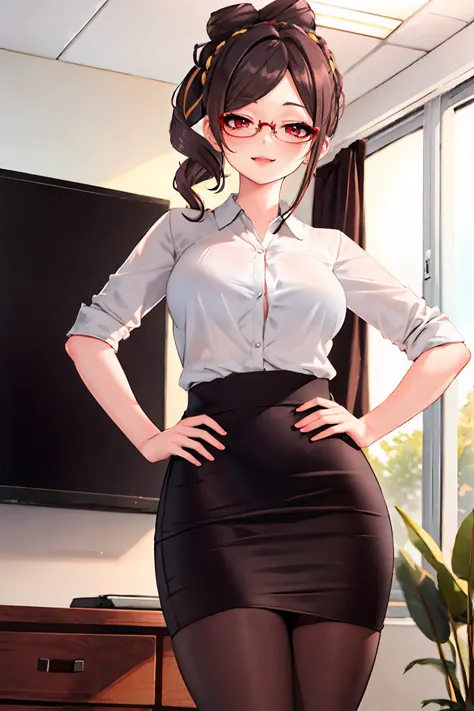 1girl, chiori \(genshin impact\), solo, office lady, white collared shirt, pencil skirt, pantyhose, glasses, looking at viewer, hand on hip, office, indoors, depth of field, gasping, ecstasy, seductive smile <lora:face-sensualface_type2:0.8>