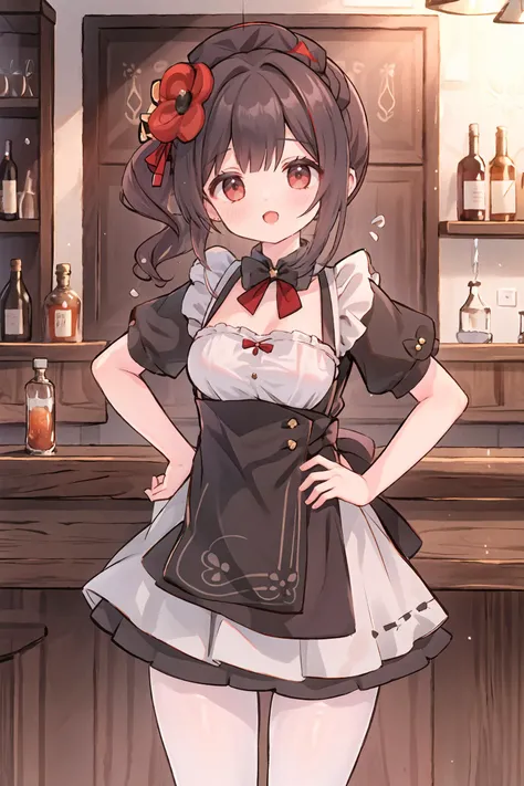 1girl, chiori \(genshin impact\), solo, maid, maid headdress, maid apron, pantyhose, looking at viewer, cowboy shot, bar \(place\), indoors, depth of field, smug, open mouth, hand on hip, <lora:face-Smug:0.7>