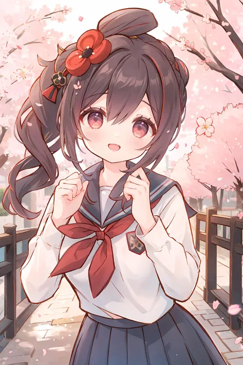 1girl, chiori \(genshin impact\), solo, school uniform, white shirt, sweater, pleated skirt, light smile, double v, looking at viewer, smile, open mouth, outdoors, street, cherry blossoms, petals, depth of field