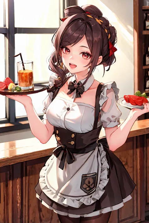 1girl, chiori \(genshin impact\), solo, maid, maid headdress, maid apron, pantyhose, open mouth, laughing, holding plate, looking at viewer, cowboy shot, bar \(place\), indoors, depth of field