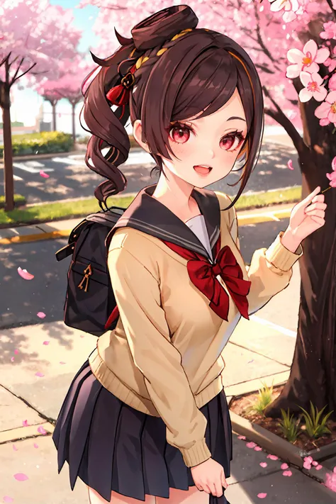 1girl, chiori \(genshin impact\), solo, school uniform, white shirt, sweater, pleated skirt, light smile, double v, looking at viewer, smile, open mouth, outdoors, street, cherry blossoms, petals, depth of field