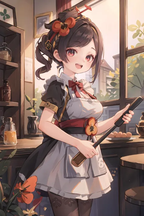 1girl, chiori \(genshin impact\), solo, maid, maid headdress, maid apron, pantyhose, open mouth, laughing, holding plate, looking at viewer, cowboy shot, bar \(place\), indoors, depth of field