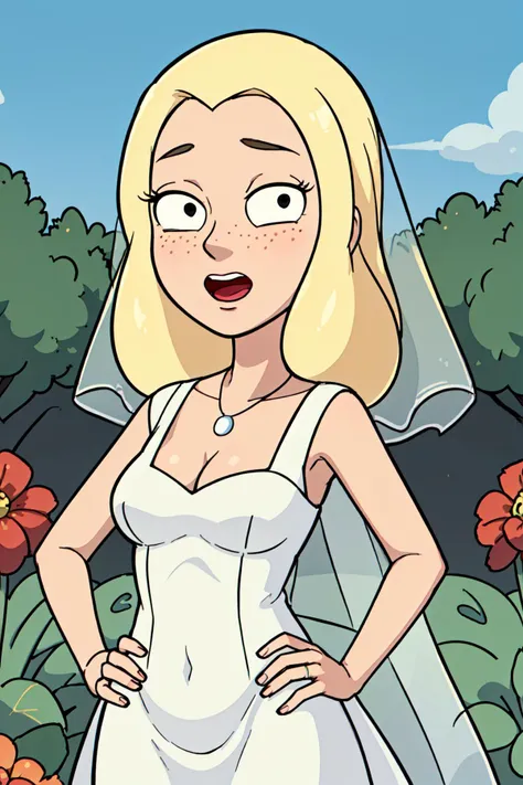 diane, 1girl, blonde hair, dot eyes, black eyes, jewelry, necklace, long hair, cleavage, freckles, solo, wedding dress, veil, surprised, standing, contrapposto, hand on hip, looking at viewer, upper body, outdoors, garden, <lora:Character_Rick.And.Morty_Diane:0.6>
