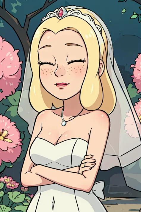 diane, 1girl, blonde hair, dot eyes, black eyes, jewelry, necklace, long hair, cleavage, freckles, solo, wedding dress, veil, bored, half-closed eyes,  standing, crossed arms, looking at viewer, upper body, outdoors, garden, <lora:Character_Rick.And.Morty_Diane:0.6> <lora:Function_Good.Hands:1>