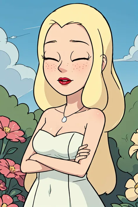 diane, 1girl, blonde hair, jewelry, necklace, long hair, collarbone, bare shoulders, cleavage, freckles, solo, wedding dress, strapless, veil, red lips, (closed eyes:1.2), pink eyeshadow, standing, crossed arms, upper body, outdoors, garden, <lora:Character_Rick.And.Morty_Diane:0.7> <lora:Function_Good.Hands:1>