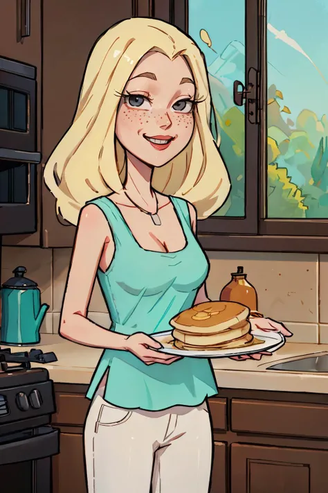 diane,long blonde hair,black eyes, freckles, necklace, aqua shirt,cleavage, sleeveless, white pants, looking at viewer, smiling, happy, standing, inside kitchen, holding plate of food, pancakes, window,sunny, high quality, masterpiece, <lora:Diane(Rick&Morty)2.0:.6>