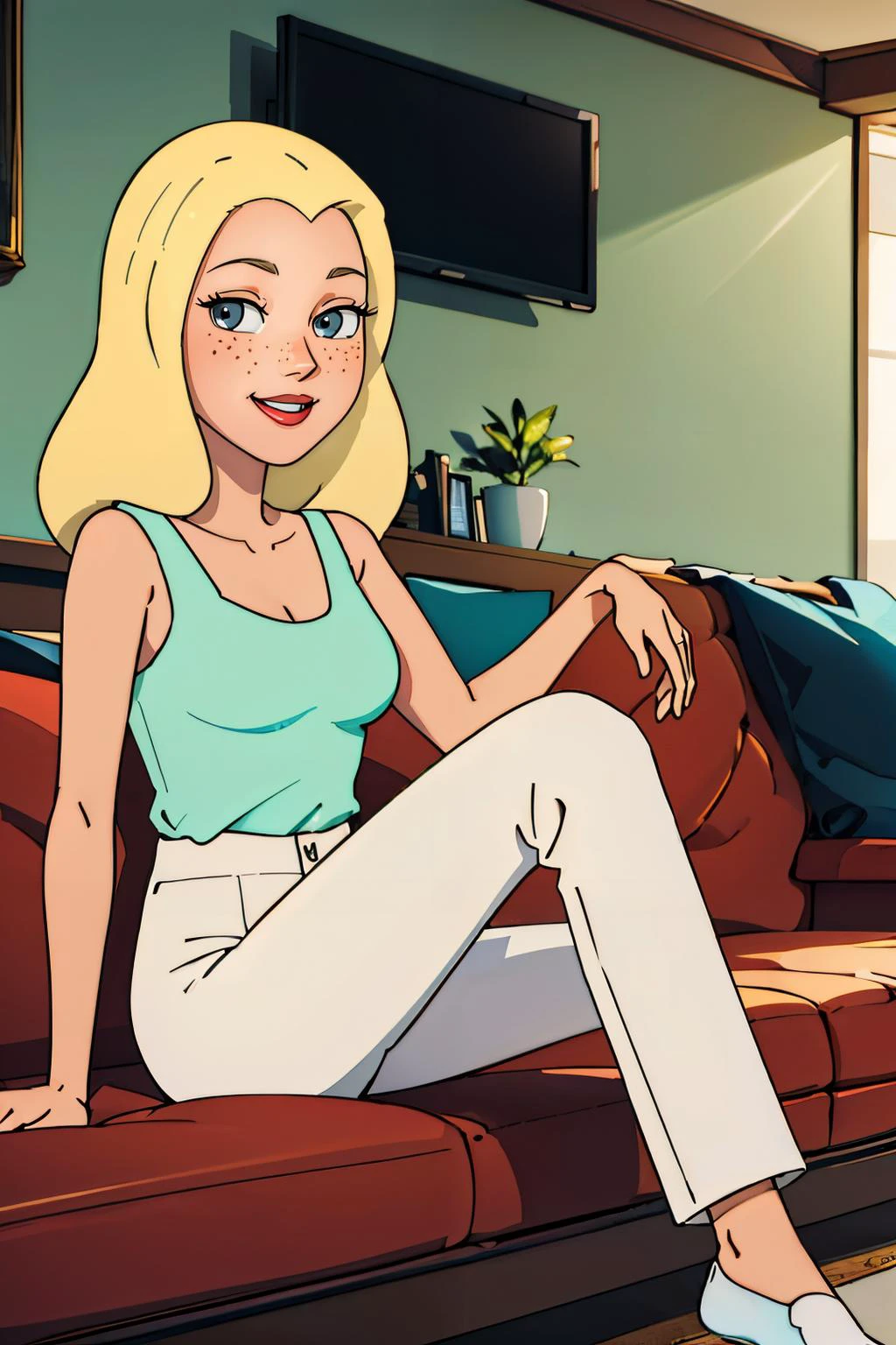 diane,long blonde hair,black eyes, freckles, aqua shirt, cleavlage, sleeveless, white pants, looking at viewer, smiling, sitting, on sofa, legs crossed, inside cozy living room, high quality, masterpiece, <lora:Diane(Rick&Morty)2.0:.6>