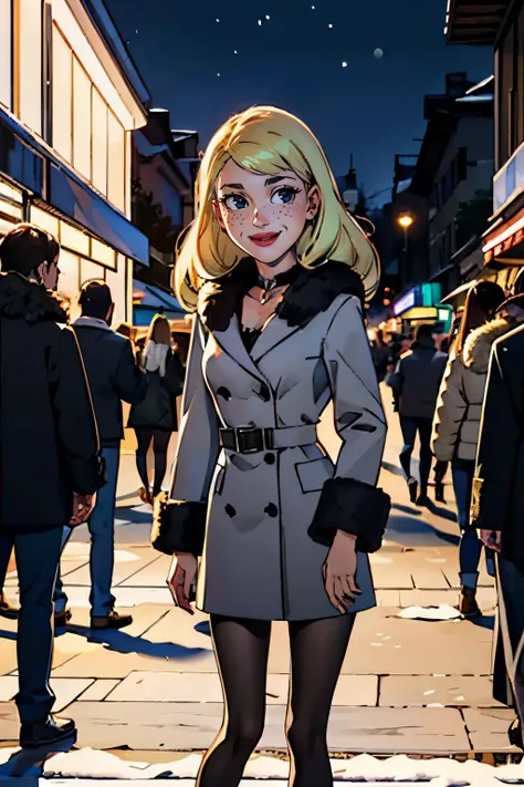 diane,long blonde hair,black eyes, freckles, jacket, fur collar, pantyhose, looking at viewer, smiling, standing, outside, market, street, crowd, night, snow, high quality, masterpiece, <lora:Diane(Rick&Morty)2.0:.6> <lora:jack3tdr3ss2:.6>