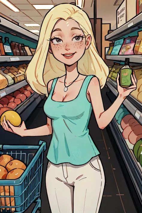 diane,long blonde hair,black eyes, freckles, necklace, aqua shirt,cleavage, sleeveless, white pants, looking at viewer, smiling, standing, inside grocery store, holding shopping cart, aisle, bright lighting, high quality, masterpiece, <lora:Diane(Rick&Morty)2.0:.6>