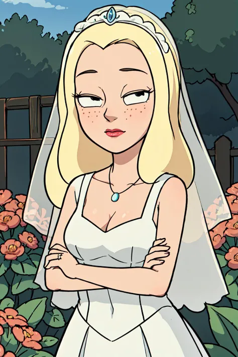diane, 1girl, blonde hair, dot eyes, black eyes, jewelry, necklace, long hair, cleavage, freckles, solo, wedding dress, veil, bored, half-closed eyes, standing, crossed arms, looking at viewer, upper body, outdoors, garden, <lora:Character_Rick.And.Morty_Diane:0.6> <lora:Function_Good.Hands:1>