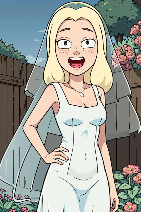 diane, 1girl, blonde hair, dot eyes, black eyes, jewelry, necklace, long hair, cleavage, freckles, solo, wedding dress, veil, laughing, standing, contrapposto, hand on hip, looking at viewer, upper body, outdoors, garden, <lora:Character_Rick.And.Morty_Diane:0.6> <lora:Function_Good.Hands:1>
