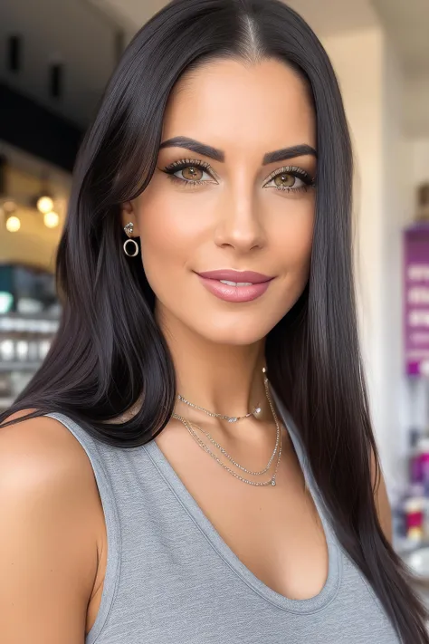 a photo of a woman 3rin0lash, serious facial expression, At a smoothie bar waiting for a drink, wearing a Grey Sleeveless dress, ultrarealistic, photorealistic, 8k, dslr, beautiful, makeup, necklaces, earrings, perfect face, detailed skin, detailed face, detailed eyes <lora:ErinOlash_v1:0.7>