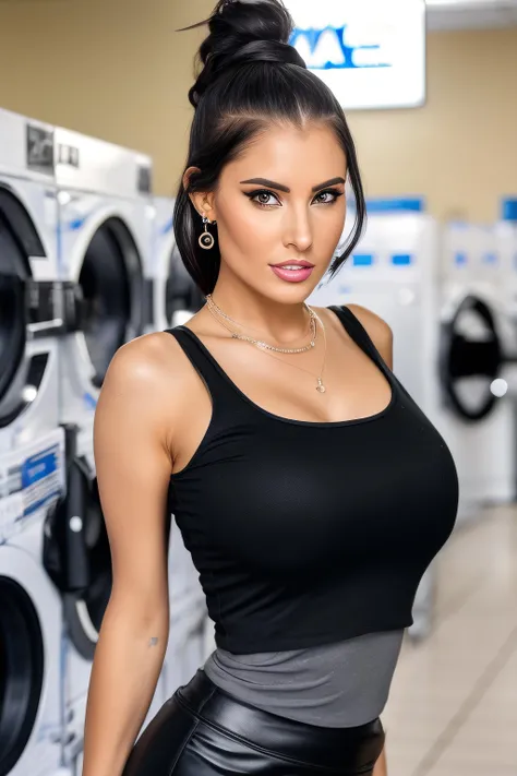 a photo of a woman 3rin0lash, serious facial expression, Inside a laundromat with machines whirring, wearing a Black Top and Black Pencil skirt , ultrarealistic, photorealistic, 8k, dslr, beautiful, makeup, necklaces, earrings, perfect face, detailed skin, detailed face, detailed eyes <lora:ErinOlash_v1:0.7>