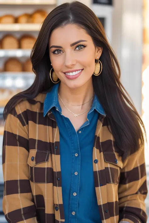 a photo of a woman 3rin0lash, Inside a charming bakery smelling fresh pastries, wearing a Brown Flannel Shirt and Blue Corduroy pants , ultrarealistic, photorealistic, 8k, dslr, beautiful, makeup, necklaces, earrings, perfect face, detailed skin, detailed face, detailed eyes <lora:ErinOlash_v1:0.8>