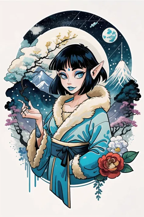 masterpiece, best quality, highres, 1girl, taelia, pointy ears, (forehead jewel:0.7), blue lips, ink, white background, Japanese clothes, fur trim, clouds, starry sky, pagoda, tree, snow, composition, upper body, <lora:taelia-000014:0.9> <lora:Ink scenery:0.85>