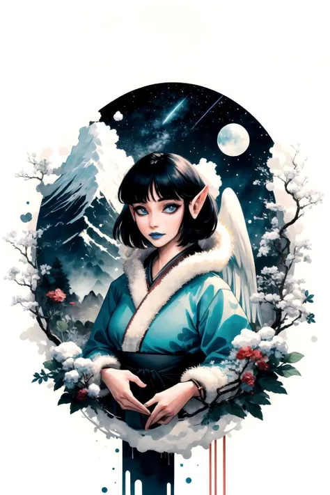 masterpiece, best quality, highres, 1girl, taelia, pointy ears, (forehead jewel:0.7), blue lips, ink, white background, Japanese clothes, fur trim, clouds, starry sky, pagoda, tree, snow, composition, upper body, <lora:taelia-000014:0.9> <lora:Ink scenery:0.85>