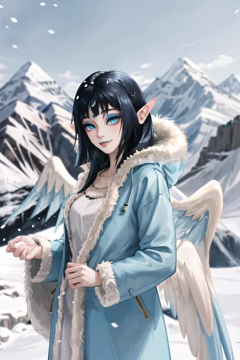 masterpiece, best quality, highres, taelia, 1girl, solo, smile, bangs, blue hair, upper body, wings, pointy ears, coat, fur trim, makeup, forehead jewel, snowy mountain,  <lora:taelia-000012:1>