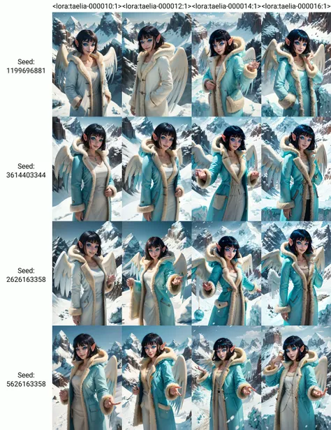 masterpiece, best quality, highres, taelia, 1girl, solo, smile, bangs, short hair, upper body, wings, pointy ears, coat, fur trim, makeup, forehead jewel, snowy mountain, <lora:taelia-000010:1>