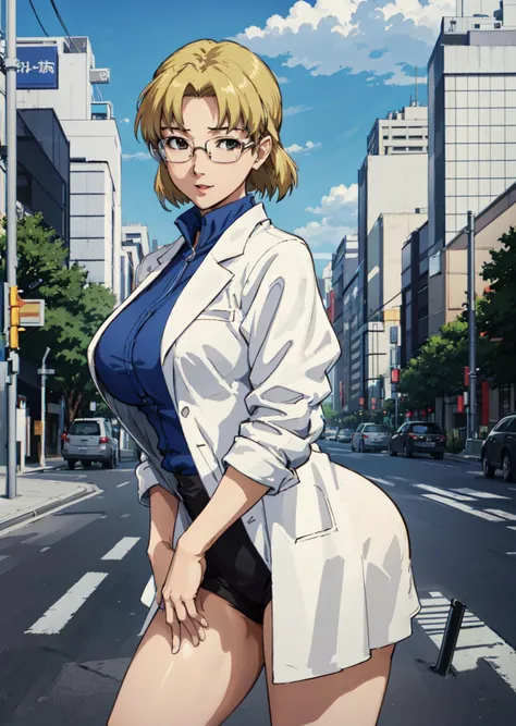 masterpiece, best quality, best artist, 4k wallpaper, city, outside, day,  tokyo, street, azure sky, 1girl, ritsuko, sexy, lab coat, blonde hair, short hair, glasses, (happy:1.1), huge breasts, wide hips, looking at viewer, solo, straddling, <lora:ritsukoAkagi_v10:0.5>