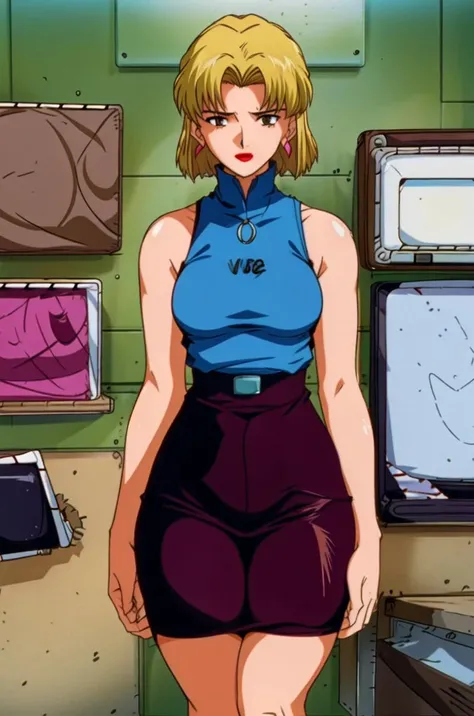 (masterpiece), (1girl:1.3), (sfw), ritsuko (wearing a tank top, wearing a short pencil skirt), ((small_tits)), sitting posing for a picture in a (office:1.4), office chair, mole under eye, makeup, lipstick, red lips, earrings, short hair, ((blonde hair:1.6)), bangs, brown eyes, (extremely wide hips:1.5, extremely thick thighs:1.5), squishy skin, (vhs:1.3), (analog quality:1.4), (film grain:1.6), <lora:breastHelperBetaLORA_betaV1:0.5> <lora:ritsukoAkagi_v10:0.6> <lora:evangelion1995Style_v1:1>