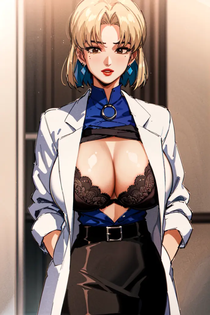 (masterpiece, best quality:1.2), 1girl, solo, short hair, bangs, blonde hair, brown eyes, huge breasts, blue skirt, shirt lift, black bra, hands in pockets, blue shirt, labcoat, pencil skirt, earrings, mole under eye, makeup, lipstick, large lips, red lips,<lora:RITSUKO-15:0.6>