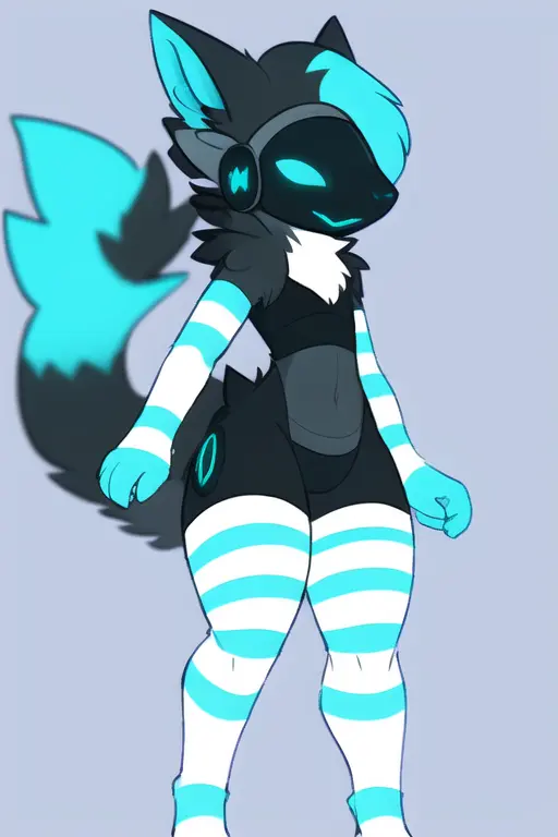 voicemod protogen, striped thighhighs, striped arm warmers, multicolored fur, multicolored hair, white fur, blue fur, black fur, white background, simple background, standing <lora:voicemod_protogen_19356:1>