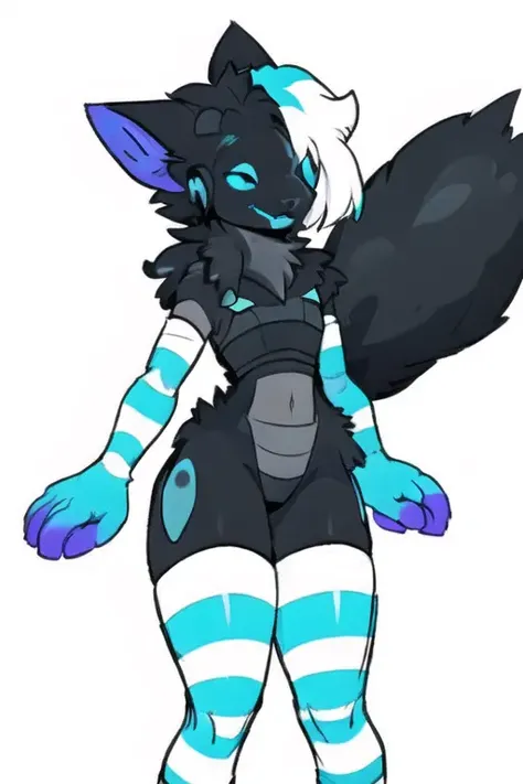 voicemod protogen, striped thighhighs, striped arm warmers, multicolored fur, multicolored hair, white fur, blue fur, black fur, white background, simple background, standing <lora:voicemod_protogen_19356:1>