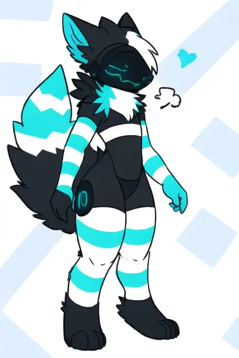 voicemod protogen, striped thighhighs, striped arm warmers, multicolored fur, multicolored hair, white fur, blue fur, black fur, white background, simple background, standing <lora:voicemod_protogen_19356:1>