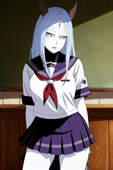 masterpiece, best quality, extremely delicate and beautiful, highres, original , (1 girl)  ,  school uniform, gakuran, white shirt, serafuku, armband, plaid skirt, watch , classroom <lora:kaguya[V1.6]:0.7> kaguya , (pale skin:1.1) , horns, forehead mark