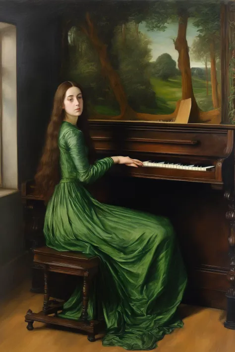 John Everett Millais Style - Pre-Raphaelitism style oil painting portrait in the style of john everett millais, Jeanette a 27-year-old pianist,The woman's long black straight hair covers half of her face, in a green shoulderless jumpsuit who is playing the piano, in the practice room with a panorama composition, 15th century early Renaissance oil painting, serene and dreamlike, serene and dreamy, detailed dreamscapes, draw a lot of details, oil painting brushstrokes, abundant paint rich pigments, Pre-Raphaelitism style of oil painting