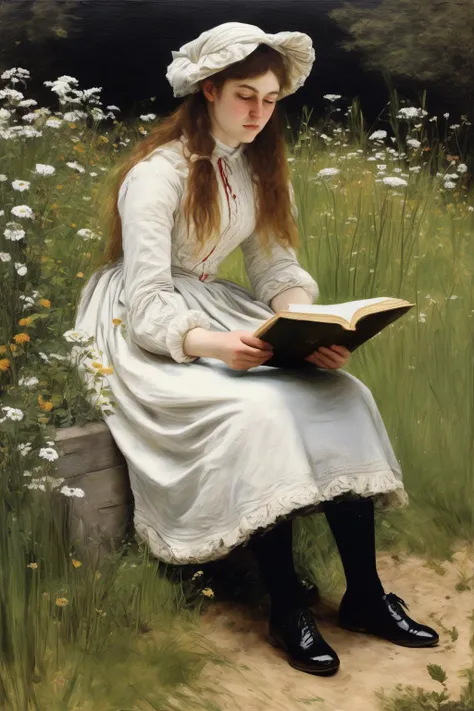 John Everett Millais Style - Oil painting in the style of Manet, figurative fine-art featuring a peasant girl in her twenties wearing a white flowered textured garment leaning towards a book in the grass, she uses high socks and black shoes and her hair is intertwined with some flowers and leaves, 16k, ultra high-quality render