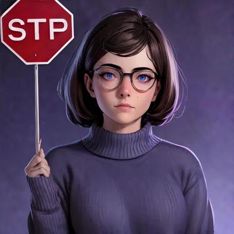 <lora:holdingstopsign:0.6>, yomama_holding_stop_sign, <lora:bzl:0.8>, bzl_test, short brown hair, (blue|grey) eyes, glasses, (freckles:0.4), purple sweater, simple background || masterpiece, 8k, high resolution, shallow depth of field, sharp focus