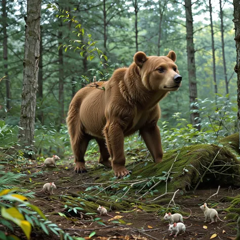 In the midst of this serene and quiet forest, a dramatic scene unfolds as a pack of small rodents surrounds a giant fantastic bear. The bear is enormous, almost the size of a house, with a majestic, fantastical appearance that interacts with the (tiny rodents:1.6). (The mutated rodents are aggressive and swarm:1.5) around the bear. The scene is both surreal and tense, with an (extremely cruel plot:1.3). In this dense forest, the thick coniferous trees create a canopy overhead, allowing only dappled sunlight to penetrate through. The forest floor is covered in a thick layer of fallen leaves and branches, with an array of mosses and ferns growing in between. The air is cool and moist, with a faint mist hanging low over the ground. 
BREAK The bear is enormous, with a fantastical appearance that makes it stand out dramatically in the forest. Its fur is thick and luxurious, with a golden sheen that catches the dappled sunlight filtering through the trees. The bear's eyes are large and intelligent, and its massive paws are poised to defend itself against the swarming rodents. The bearâs size and majestic appearance contrast starkly with the tiny, aggressive rodents surrounding it, creating a surreal and intense scene.
BREAK The thick coniferous trees are tall and majestic, their trunks sturdy and covered in rough bark. The branches are thick and laden with needles, forming a dense canopy overhead. The trees are spaced closely together, creating a sense of enclosure and intimacy within the forest. The dappled sunlight filters through the leaves, casting intricate patterns of light and shadow on the forest floor. The air around the trees is cool and moist, with a faint mist adding to the serene atmosphere.
BREAK The pack of small rodents is aggressive and swarms around the giant bear, resembling a school of piranhas. They are small, with sleek bodies and sharp teeth, their fur a mix of grays and browns, blending into the forest floor. The rodents move quickly and erratically, their movements synchronized as they attack the bear. The scene is intense and chaotic, with the tiny rodents seemingly overpowering the massive bear. The contrast between the small, agile rodents and the giant bear adds to the surreal and tense nature of the scene.
BREAK forest floor, fallen leaves, branches, rich texture, brown leaves, yellow leaves, fresh leaves, decomposing leaves, organic feel, scattered branches, natural chaos, mosses, ferns, greenery, moist ground, cool ground, mist, serene atmosphere, dense canopy, coniferous trees, thick branches, interwoven branches, protective roof, filtered sunlight, dappled patterns, dark green needles, lush appearance, verdant appearance, dense canopy, minimal light, cool air, moist air, faint mist, serene atmosphere, tranquil atmosphere,  zPDXL2